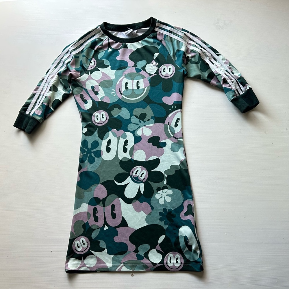 Adidas x Hattie Stewart 3 Stripe Camo Doodle Smiley Faces womens dress Small
